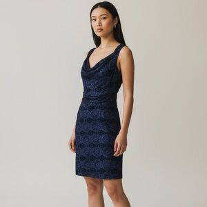 Nanette Lepore Paisley print Faux Wrap Navy Blue Dress, Size 12 Workwear NWT